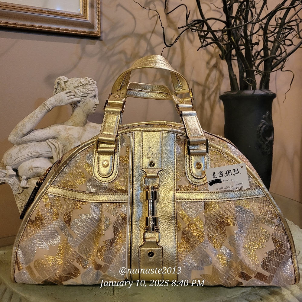 L.A.M.B. Gwen Stefani Gold Glam Jill Satchel Luxury Designer Metalic Leather 81 - Picture 3 of 15